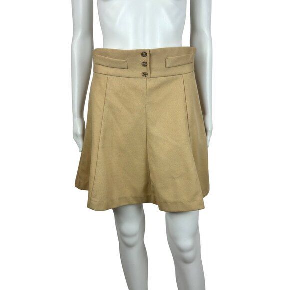 Vintage 60s Mini Skirt Women's Medium Beige High Waisted Polyester Skater Skirt - Picture 1 of 9